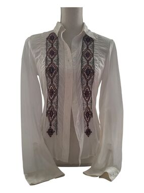 DKNY White Button-Down Blouse with Dark Embroidery
